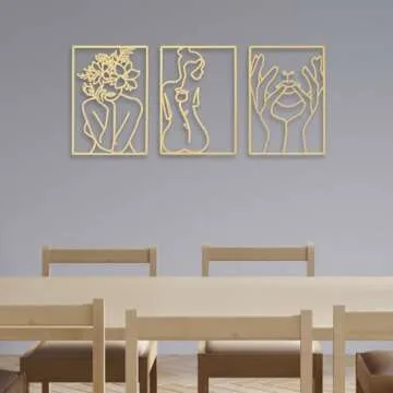 BERBERGE 3Piece Gold Wall Decor Set - Minimalist Room Metal Wall Art with 3D Hanging Design, Line Dr...