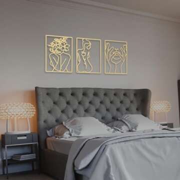 BERBERGE 3Piece Gold Wall Decor Set - Minimalist Room Metal Wall Art with 3D Hanging Design, Line Drawing of Female Body - Modern Home Decor for Bedroom, Living Room - 16-Inch Indoor Wall Art