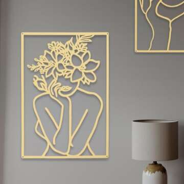 BERBERGE 3Piece Gold Wall Decor Set - Minimalist Room Metal Wall Art with 3D Hanging Design, Line Drawing of Female Body - Modern Home Decor for Bedroom, Living Room - 16-Inch Indoor Wall Art