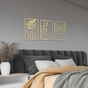 BERBERGE 3Piece Gold Wall Decor Set - Minimalist Room Metal Wall Art with 3D Hanging Design, Line Drawing of Female Body - Modern Home Decor for Bedroom, Living Room - 16-Inch Indoor Wall Art