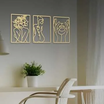BERBERGE 3Piece Gold Wall Decor Set - Minimalist Room Metal Wall Art with 3D Hanging Design, Line Drawing of Female Body - Modern Home Decor for Bedroom, Living Room - 16-Inch Indoor Wall Art