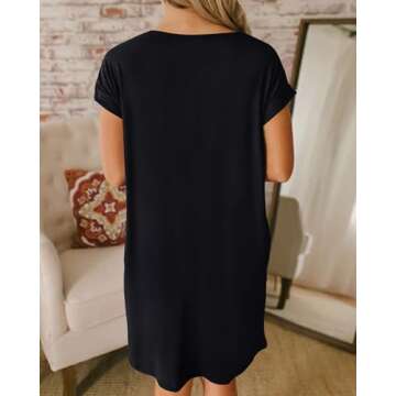 BTFBM Women V Neck Short Sleeve Summer Dresses 2025 Spring Casual Loose Tunic Short T-Shirt Dress Pajamas with Pockets(Black, X-Large)