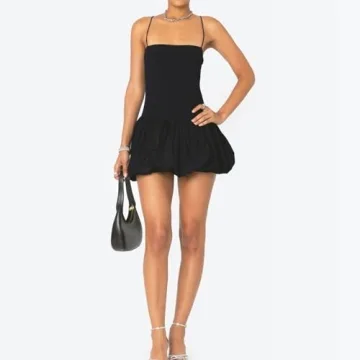 KMBANGI Women Ruched Flare Mini Dress Spaghetti Strap Short Prom Dress Sexy Backless Strappy Pleated Puffy Dress(Slim Black,S)