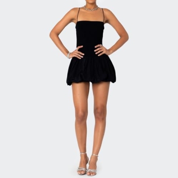 KMBANGI Women Ruched Flare Mini Dress Spaghetti Strap Short Prom Dress Sexy Backless Strappy Pleated Puffy Dress(Slim Black,S)