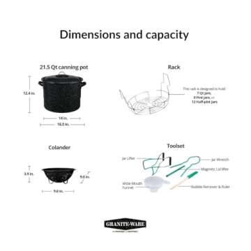 Granite Ware 9 Piece Enamelware Water bath Canning Pot with Canning kit, Colander and Rack. Canning Supplies Starter Kit.