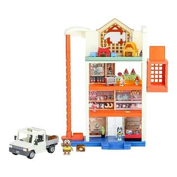 Bluey Hammerbarn Shopping Center Mega Set, 4 Level, 22" Tall Playset with Working Lift and Trolley Return, Lights and 45+ Sounds. 3 Figures. 15 Accessories & Tradie Ute Vehicle | Amazon Exclusive