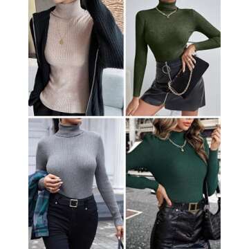 Ekouaer Women's Turtleneck Shirts Ribbed Pullover Sweater Long Sleeves Tops Midweight Thermal Underwear Blouse Green S