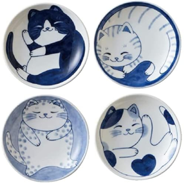 MINO WARE Japanese Small Plate Set Ceramic Cute Cats Design Appetizer Dessert Sushi Sauce Dishes, 3....