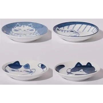 MINO WARE Japanese Small Plate Set Ceramic Cute Cats Design Appetizer Dessert Sushi Sauce Dishes, 3.94 x 0.8 Inches, Set of 4