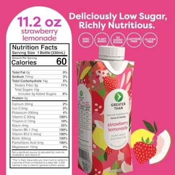 Greater Than Lactation Supplement Support, Coconut Water, Vitamins & Electrolyte Drink for Breastfeeding & Immune Support, Lactation Cookies Alt, Gluten Free, Low Sugar, 12 Pack, Strawberry Lemonade