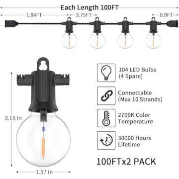 ZOTOYI Outdoor String Lights Waterproof IP65, 200 FT Outdoor Lights for Patio with 104 Shatterproof G40 Bulbs(4 Spare), LED String Lights for Outside, Cafe, Porch, Backyard, Dimmable (2-Pack 100FT)