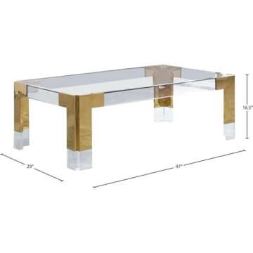 Meridian Furniture Casper Collection Modern | Contemporary Glass Top Coffee Table with Sturdy Stainless Steel and Acrylic Base, 47" W x 29" D x 16.5" H, Gold