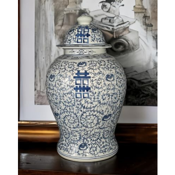 Elegant 19 inch Blue and White Porcelain Temple Jar Vase