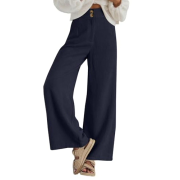 Sidefeel Wide Leg Pants for Women Casual Button High Waisted Stretchy Loose Fit Corduroy Pants with ...