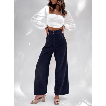 Sidefeel Wide Leg Pants for Women Casual Button High Waisted Stretchy Loose Fit Corduroy Pants with Pockets Navy Blue L