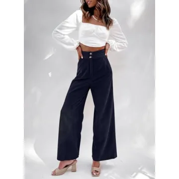 Sidefeel Wide Leg Pants for Women Casual Button High Waisted Stretchy Loose Fit Corduroy Pants with Pockets Navy Blue L
