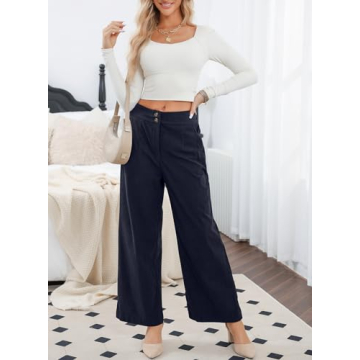 Sidefeel Wide Leg Pants for Women Casual Button High Waisted Stretchy Loose Fit Corduroy Pants with Pockets Navy Blue L