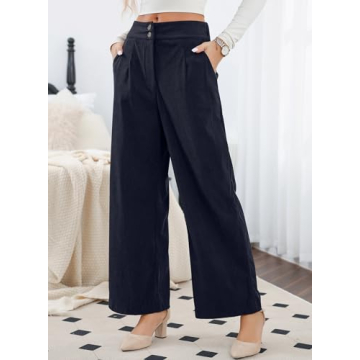 Sidefeel Wide Leg Pants for Women Casual Button High Waisted Stretchy Loose Fit Corduroy Pants with Pockets Navy Blue L