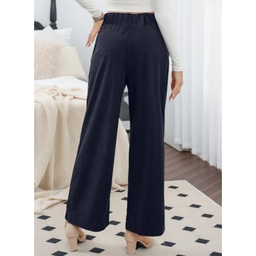 Sidefeel Wide Leg Pants for Women Casual Button High Waisted Stretchy Loose Fit Corduroy Pants with Pockets Navy Blue L