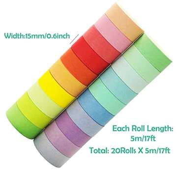 20 Rolls Washi Tape Set, Rainbow Washi Tape Colorful Masking Tape 15mm Wide, Decorative Tape for Bul...