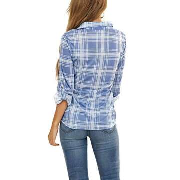 NUOREEL Women's Classic Plaid Shirt Button Down Shirts Roll Up Long Sleeve Cuffed Shirts (Cornflower, Medium)