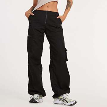 Women Oversized Cargo Pants Drawstrings Baggy Low Waist Loose Sweatpants Cinch Bottom Joggers Hippie Trousers Vintage(Zipper Black,M)