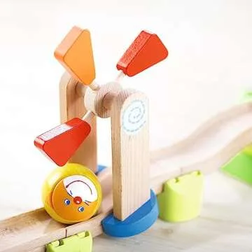 HABA Kullerbu Windmill Playset - 25 Piece Train Track for Balls Starter Set with Special Effects