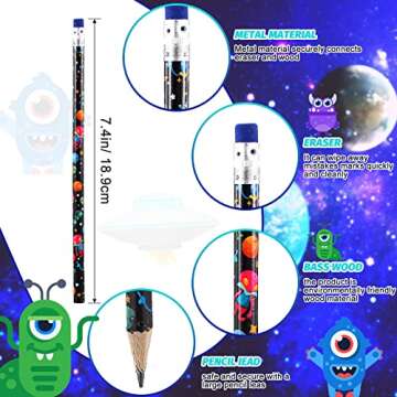 Geyee 36 Pcs Space Pencils Hawaiian Shark Themed Party Favors Assorted Novelty Fun Wood Writing Pencils with Erasers for Birthday Party Teacher Supplies(Space)