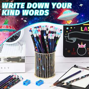 Geyee 36 Pcs Space Pencils Hawaiian Shark Themed Party Favors Assorted Novelty Fun Wood Writing Pencils with Erasers for Birthday Party Teacher Supplies(Space)