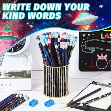 Geyee 36 Pcs Space Pencils Hawaiian Shark Themed Party Favors Assorted Novelty Fun Wood Writing Pencils with Erasers for Birthday Party Teacher Supplies(Space)