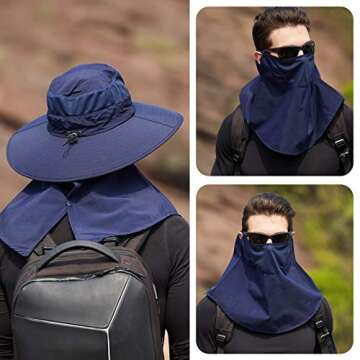 Peicees Fishing Hat Mens UPF 50+ Sun Protection Hat with Face Neck Flap Cover, 4.72 Inches Wide Brim Fishing Sun Cap Navy Blue