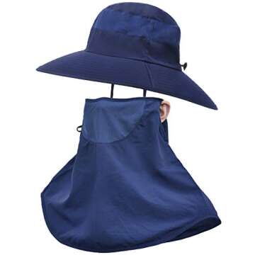 Peicees Fishing Hat Mens UPF 50+ Sun Protection Hat with Face Neck Flap Cover, 4.72 Inches Wide Brim Fishing Sun Cap Navy Blue