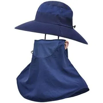 Peicees Fishing Hat Mens UPF 50+ Sun Protection Hat with Face Neck Flap Cover, 4.72 Inches Wide Brim Fishing Sun Cap Navy Blue