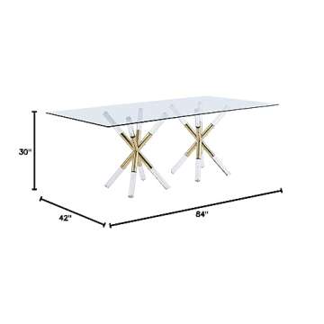 Meridian Furniture Mercury Collection Modern | Contemporary Tempered Glass Top Dining Table with Acrylic and Gold Durable Metal Base, Rectangular