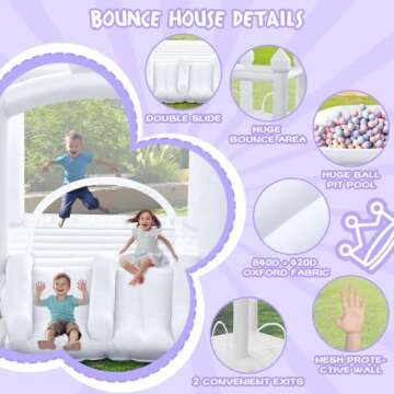 FINCOME White Bounce House, Inflatable Bounce Castle with Double Slide Ball Pit 370W Blower Bouncer ...