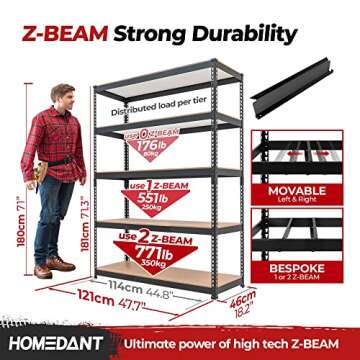 HOMEDANT 5 Tier Laminated Boltless Heavy Duty Garage Storage Adjustable Wide Size Metal Shelving Uni...