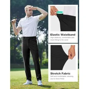 SPECIALMAGIC Golf Pants Men Stretch Slim fit Hiking Pants Lightweight Dress Casual Tapered Zipper Pockets Black,34W30L