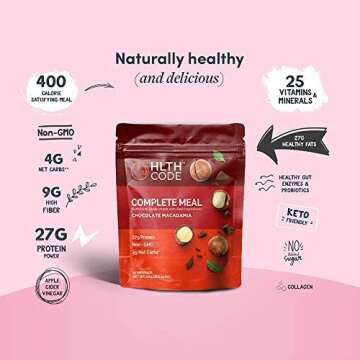 HLTH Code Complete Meal Replacement Shake - Healthiest Meal Replacement = Healthiest You | Keto Friendly | High Protein | Low Carb | Collagen | Gluten Free | Chocolate Macadamia (15 servings)