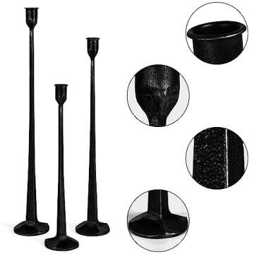 Rustic Iron Taper Candle Holder Set - 14“, 17”, 19“ High Decorative Candle Stand for Weddings, Dinners, Parties - 3-Piece Candlestick Holder Collection