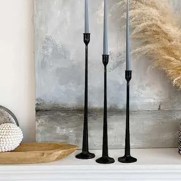 Rustic Iron Taper Candle Holder Set - 14“, 17”, 19“ High Decorative Candle Stand for Weddings, Dinners, Parties - 3-Piece Candlestick Holder Collection