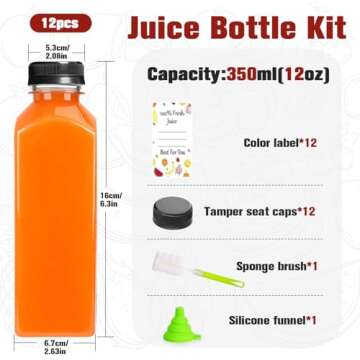 ztarraum 12pcs 12oz Plastic Juice Bottles, Reusable Juice Containers with Black Tamper Proof Lids, B...