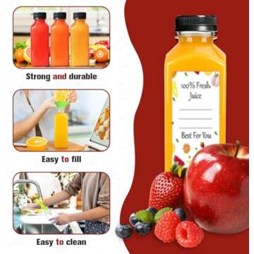 ztarraum 12pcs 12oz Plastic Juice Bottles, Reusable Juice Containers with Black Tamper Proof Lids, Brush, Funnel and Labels, Clear Juice Containers for Juicing, Smoothie and Homemade Beverages