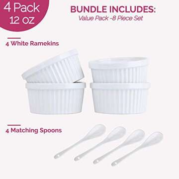 Souffle Dish Ramekins for Baking – 12 Ounce (Set of 4, White with 4 Extra Spoons) 12 Oz Ceramic Ov...