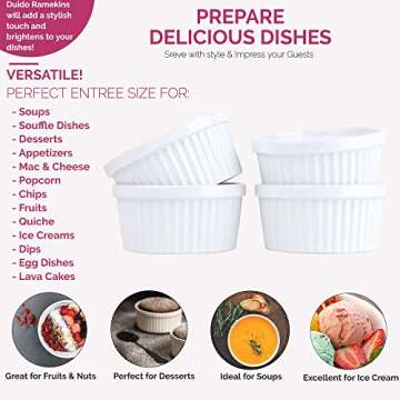Souffle Dish Ramekins for Baking – 12 Ounce (Set of 4, White with 4 Extra Spoons) 12 Oz Ceramic Oven Safe Round Fluted Ramekin Bowl for Desserts Soups Snacks Quiche Appetizers Casserole Creme Brulee