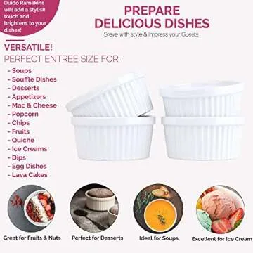 Souffle Dish Ramekins for Baking – 12 Ounce (Set of 4, White with 4 Extra Spoons) 12 Oz Ceramic Oven Safe Round Fluted Ramekin Bowl for Desserts Soups Snacks Quiche Appetizers Casserole Creme Brulee