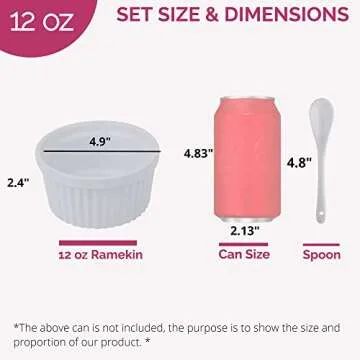 Souffle Dish Ramekins for Baking – 12 Ounce (Set of 4, White with 4 Extra Spoons) 12 Oz Ceramic Oven Safe Round Fluted Ramekin Bowl for Desserts Soups Snacks Quiche Appetizers Casserole Creme Brulee