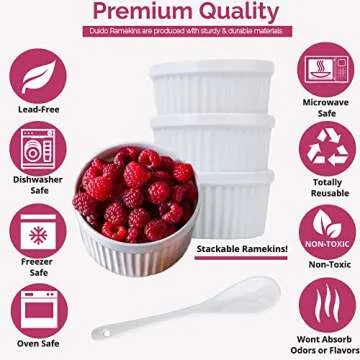 Souffle Dish Ramekins for Baking – 12 Ounce (Set of 4, White with 4 Extra Spoons) 12 Oz Ceramic Oven Safe Round Fluted Ramekin Bowl for Desserts Soups Snacks Quiche Appetizers Casserole Creme Brulee