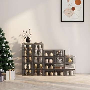 SEE SPRING 12 Pack Shoe Storage Box, Clear Plastic Stackable Shoe Organizer for Closet, Space Saving Shoe Rack for Entryway Sneaker Container Bin Holder (Black)