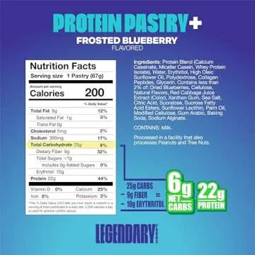 Legendary Foods 22g Protein Pastry+ Premium Low Carb Meal Replacement Bar - Low Glycemic, Gluten Free Protien Snacks - Healthy Keto Snack Box, 8x Zero Sugar Energy Bars - Bariatric Diabetic Friendly