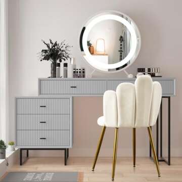 BOWTHY Vanity Chair for Makeup Room - Midcentury Modern Accent Chair for Living Room Bedroom, Makeup Chair with Back Support Velvet Chair with Gold Legs (Cream)